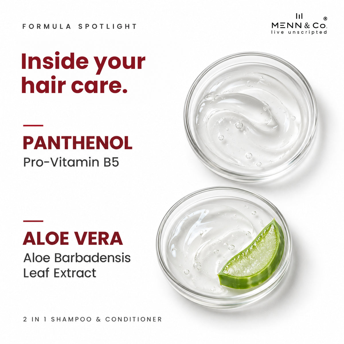 Promotional graphic for a 2-in-1 shampoo and conditioner from MENN & Co, featuring two clear glass jars filled with clear gel on a white background, with text highlighting panthenol and aloe vera ingredients.