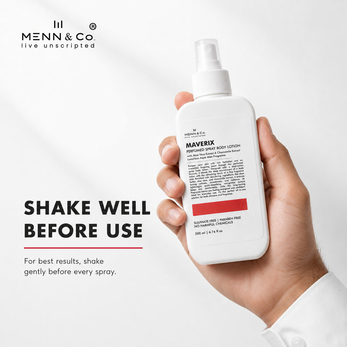 Hand holding a Menn & Co. body lotion bottle with text on a white background