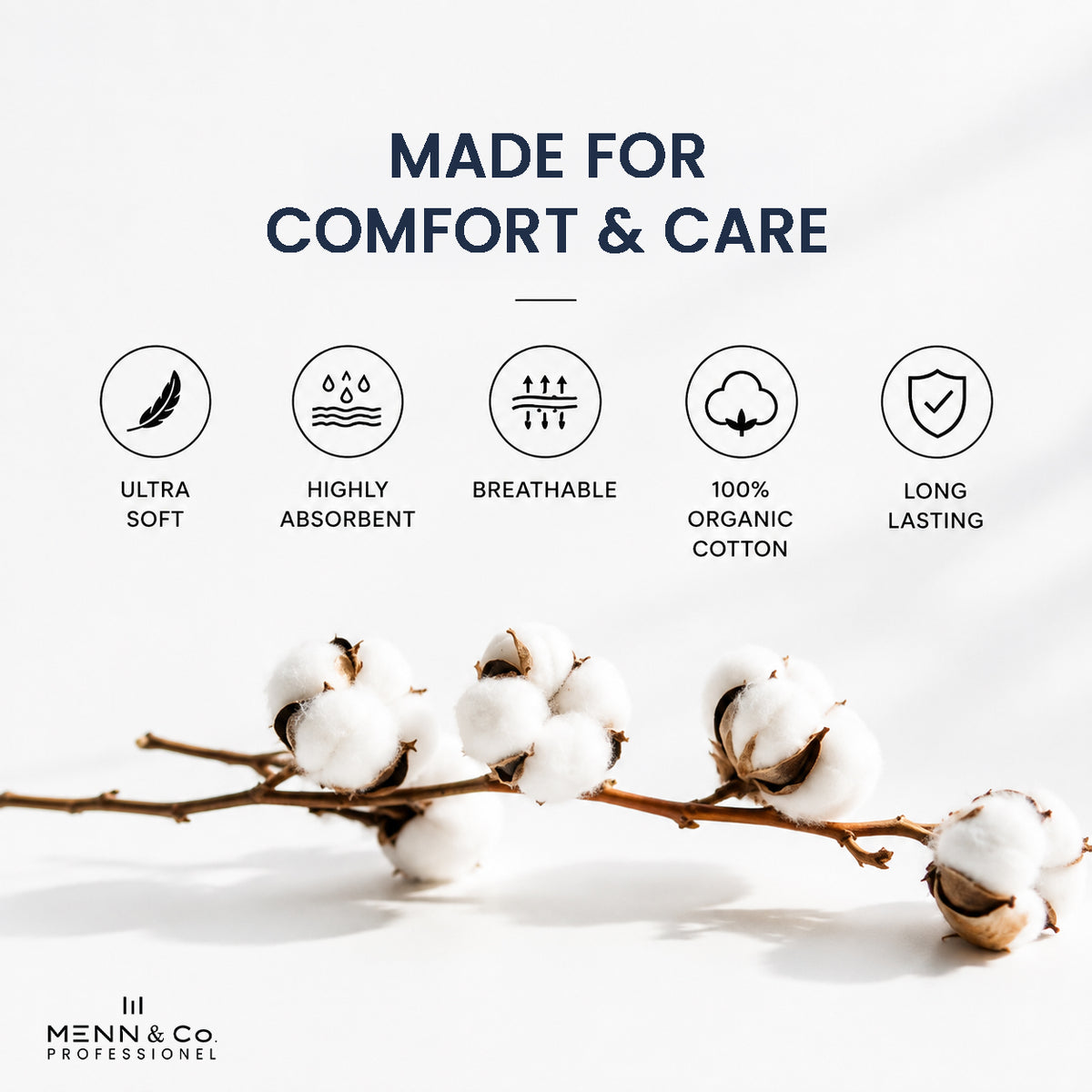 Promotional graphic for cotton products with the text 'MADE FOR COMFORT & CARE' above five feature icons: ultra soft, highly absorbent, breathable, 100% organic cotton, and long lasting. A cotton boll branch runs across a clean white background, and the Menn & Co Professional logo appears at the bottom left.