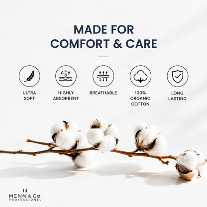 Promotional graphic for cotton products with the text 'MADE FOR COMFORT & CARE' above five feature icons: ultra soft, highly absorbent, breathable, 100% organic cotton, and long lasting. A cotton boll branch runs across a clean white background, and the Menn & Co Professional logo appears at the bottom left.