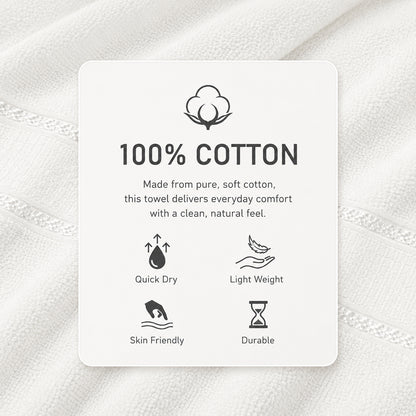 A white product information card on a white towel background, with text reading '100% COTTON' and small icons for Quick Dry, Light Weight, Skin Friendly, and Durable.