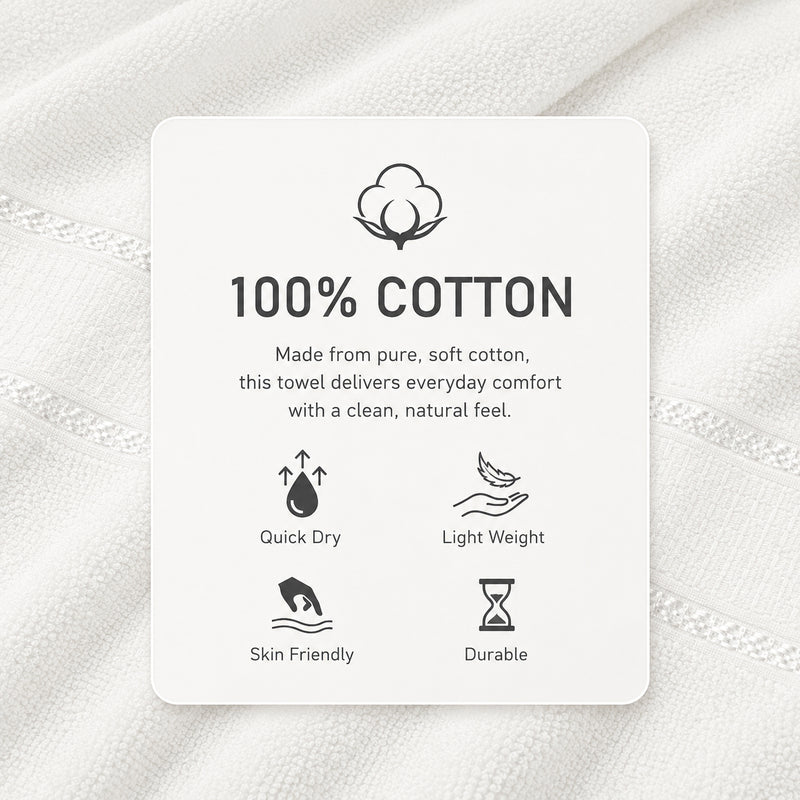 A white product information card on a white towel background, with text reading '100% COTTON' and small icons for Quick Dry, Light Weight, Skin Friendly, and Durable.