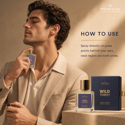 A man in a beige blazer holds a perfume bottle near his neck and wrist area while the image includes text reading HOW TO USE. The perfume bottle and navy Wild Turkey box are shown on a pedestal, with the Menn & Co branding visible.