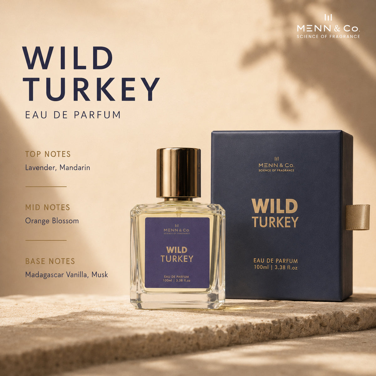 Menn & Co fragrance bottle and box for Wild Turkey Eau de Parfum on a warm beige stone surface with text callouts of top, mid, and base notes.