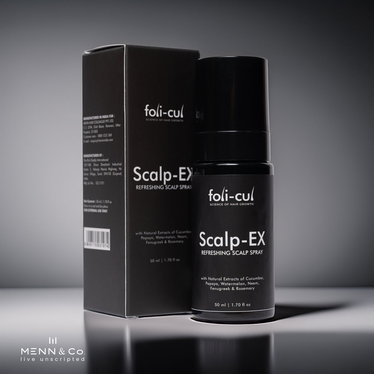 Foli-Cul Scalp-EX refreshing scalp spray with packaging on a gray background