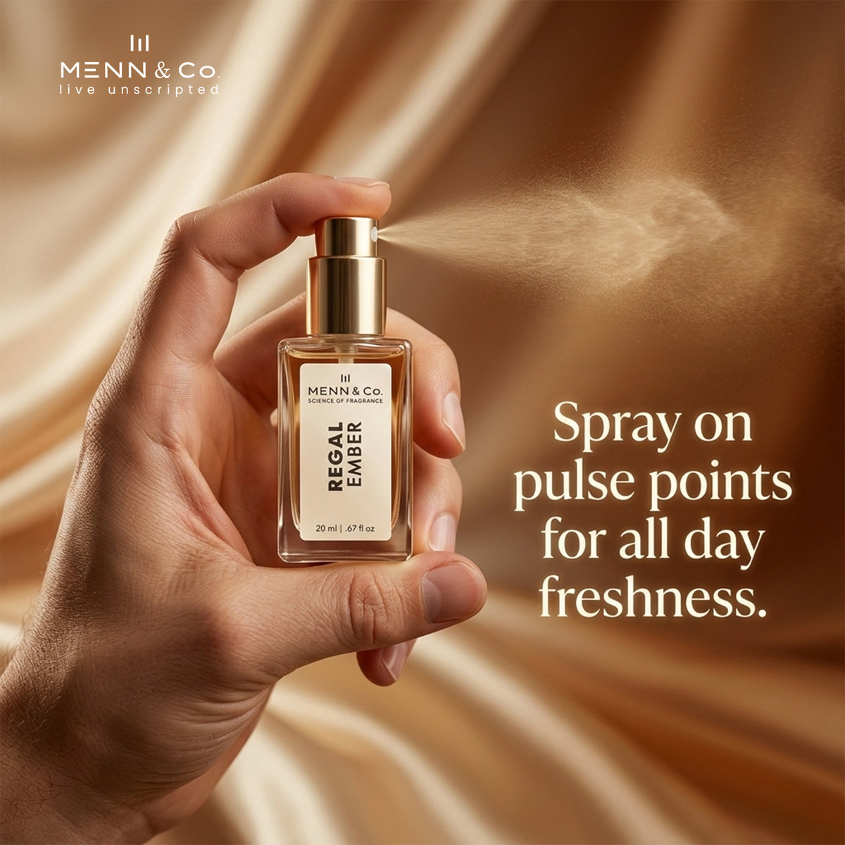 Hand holding a Menn & Co. perfume bottle with a brown fabric background