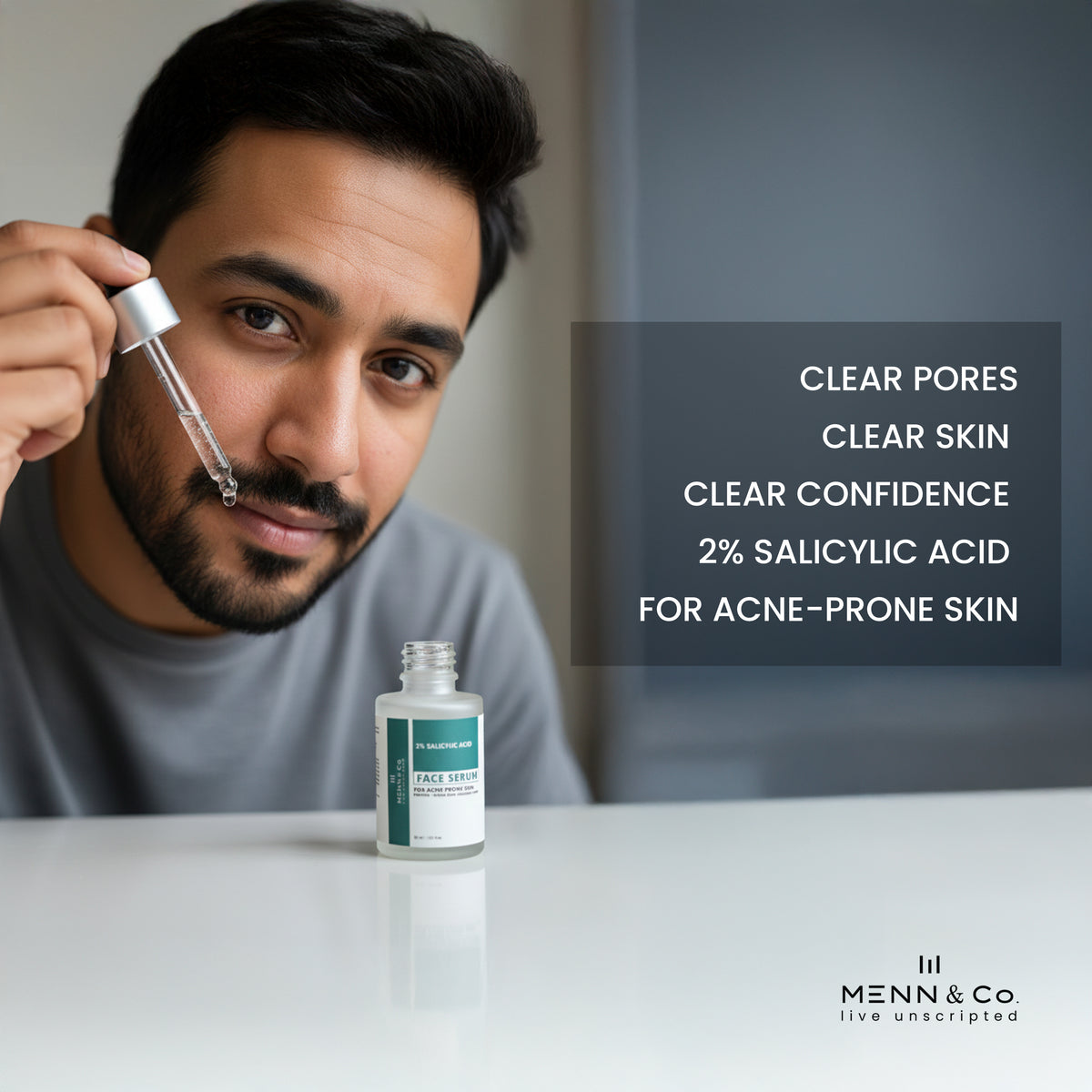 Man holding a dropper with a bottle of Menn & CO Salicylic Acid face  serum on a table, featuring text about skincare benefits.