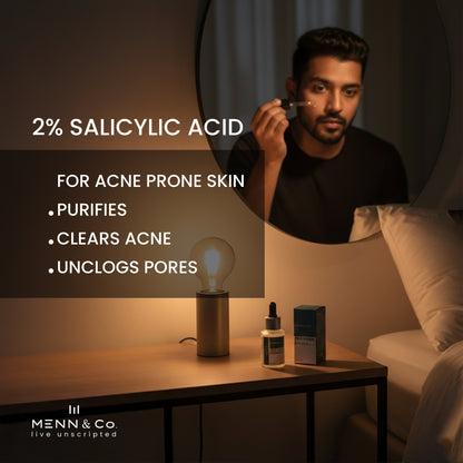 Person applying skincare product Menn & Co Salycylic Acid Face Serum in front of a mirror with text about salicylic acid and Menn & Co branding.
