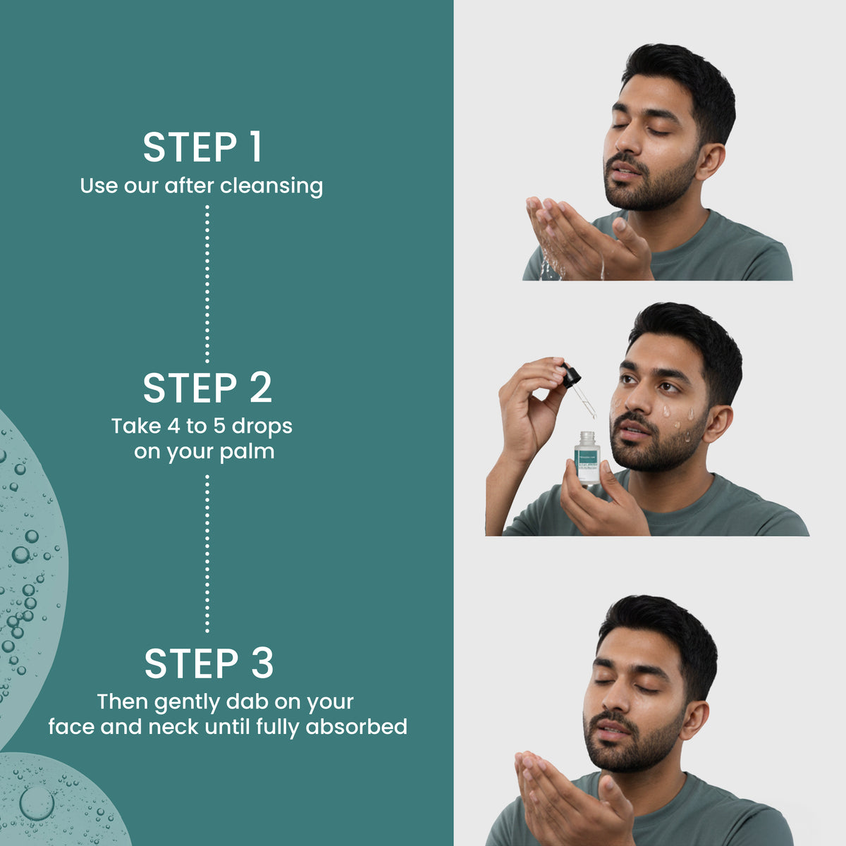 Step-by-step guide on using a Menn & CO 2% Salicylic Acid Face serum with a man demonstrating the process.