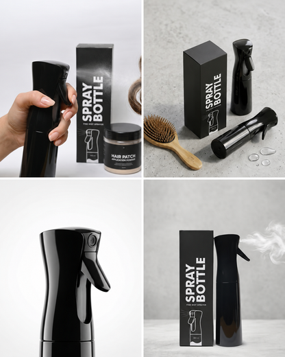 A four-panel collage showing a glossy black spray bottle and its matching black box, along with a small hair patch jar and a wooden hairbrush in different studio setups. The bottle is the main product, and the packaging is prominently visible.